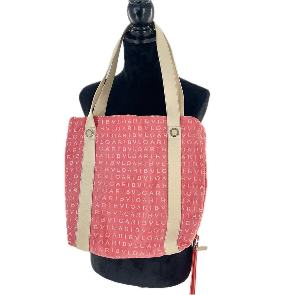 Bvlgari Agatha Jacquard Fabric/Leather Shopping Tote Medium Salmon/Cream w/Pouch - Picture 10 of 17